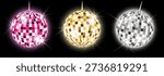 Disco balls, 3D vector image. Silver, gold and pink on a black background with sparkles, highlights and glow.