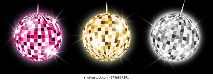 Disco balls, 3D vector image. Silver, gold and pink on a black background with sparkles, highlights and glow.