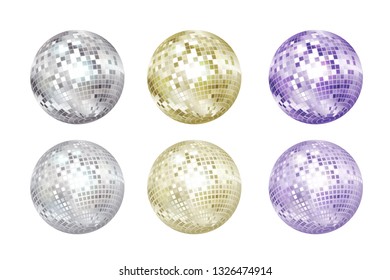 Disco balls collection. Silver, gold and purple colors.