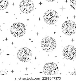 Disco balls seamless pattern in silver. Kitchen disco, boogie, 70s good vibes. Music, parties, festivals. Retro and vintage print.