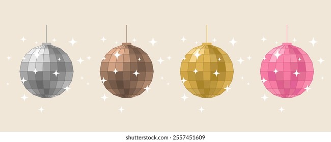 Disco Balls set in different colors, Retro music party shining sphere, a symbol of New Year. Vector illustration in flat style