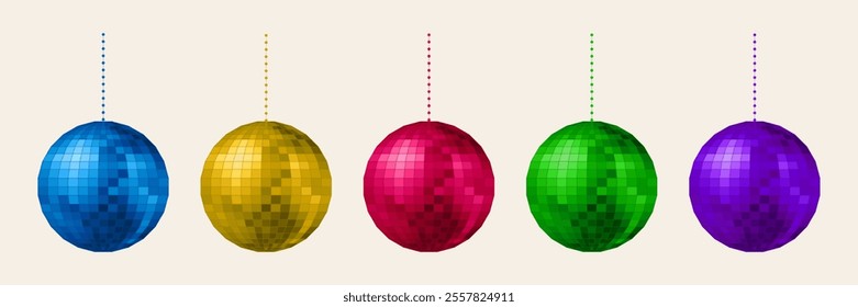 Disco Balls set in different colors, Retro music party shining sphere, New Year symbol