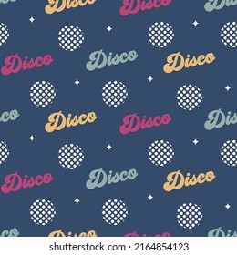 disco balls text retro groovy funky seamless pattern on dark blue background