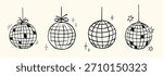 Disco balls vector doodle illustrations set. Whimsical outline sketch with cute stars