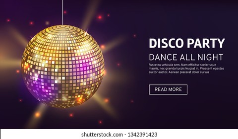 Disco banner. Mirrorball party disco ball invitation card celebration fashion partying poster template dance club vector illustration