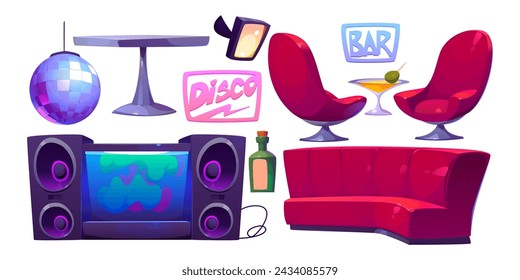 Disco bar furniture and equipment set isolated on white background. Vector cartoon illustration of red couch and armchairs, table, bottle and cocktail glass, mirror ball decoration, stage spotlight