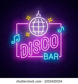 Disco Bar neon sign. Night club banner, logo, emblem and label. Bright signboard, light banner.  Vector illustration.