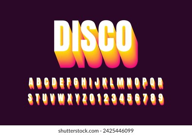 Disco bold 3d font with blend gradient color. Modern abc alphabet for banner, poster, printing, typography, t shirt, book and card. Trendy vector illustration.