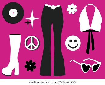 Disco Boogie Fever Outfit Illustration on hot pink background, go go boots, smiley face, record, halter top, flared bell bottoms, flowers and sparkles, paper doll, cute, fun, funky, black and white