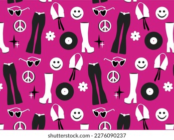 Disco Boogie Fever Outfit Illustration on hot pink background showing go go boots, smiley faces, records, halter tops, flared bell bottoms, flowers and sparkles, cute background for invitations