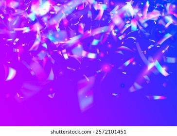 Disco Burst. Rainbow Tinsel. Retro Iridescent Explosion. Hologram Background. Glare Concept. Blue Art Confetti. Falling Design. Anniversary Ribbon. Purple Disco Burst