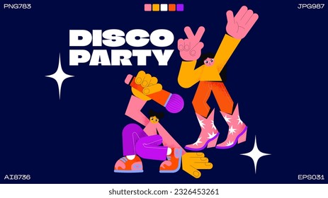 Disco cartoon retro 90s characters. Party mascot girls singing and dancing. Cool groovy poster