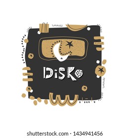 Disco cartoon vector typography. Decorative square border with abstract sketches. T shirt, scandinavian style poster typography design. 