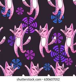 Disco cats. Vector seamless pattern with the funny characters dancing in the neon projector's rays. 80's style party. Cute texture with hand drawn cartoon animals in the night club