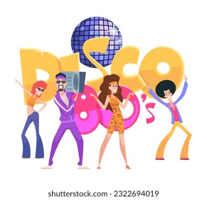 Personajes de disco. caricaturas divertidas en ropa bailando al estilo de los años 80