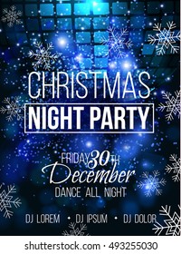 Disco christmas night party vector poster template with sparkles and glitter , glow light effect.