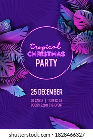 Disco Christmas Tropic Party Vector Poster, New Year Summer Holiday Flyer, Neon Monstera Palm Leaves Design, Winter Beach Holidays, Vibrant Template Brochure, Tropical Background, Paradise Cover