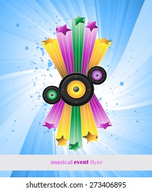 Disco club flayer with colorful elements. Ideal for poster and music background.