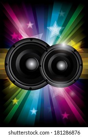 Disco club flyer with black speaker and transparency stars