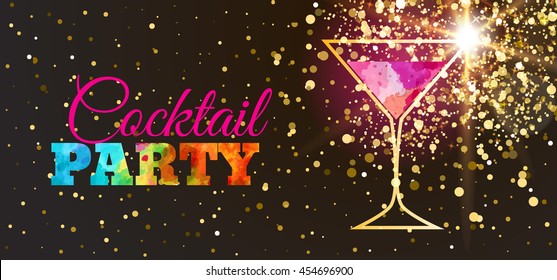 Disco cocktail party poster with trendy glitter background and highlights. Cocktail glass on a black background with watercolor elements. Flyer or invitation design