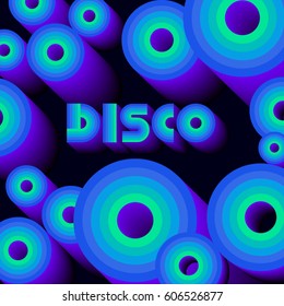 Disco composition. Poster or card. Colored circles and letters on a dark background.