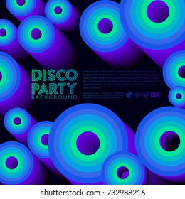 Disco composition. Poster or card. Colored circles and letters on a dark background.