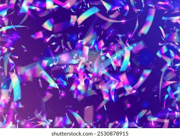 Disco Confetti. Birthday Burst. Surprise Tinsel. Laser Texture. 3d Ribbon. Digital Flag. Blue Glare Glitter. Art Holographic Serpentine. Purple Disco Confetti