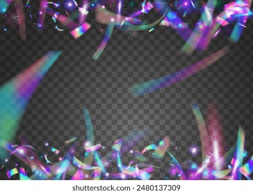 Disco Confetti. Pink Laser Ribbon. Rainbow Design. Retro Sparkle. Isolated Tinsel. Color Glitter. Happy Holographic Explosion. Carnaval Background. Blue Disco Confetti