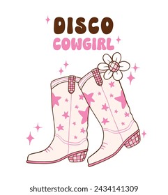 Disco Cowgirl boots illustration, trendy retro groovy vibes disco era.