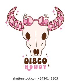 Disco Cowgirl bull skull doodle hand drawing illustration, trendy retro groovy vibes disco era.