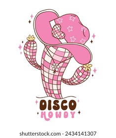 Disco Cowgirl cautus with hat doodle hand drawing illustration, trendy retro groovy vibes disco era.