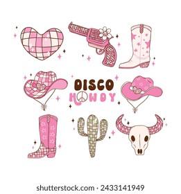 Disco Cowgirl element set doodle hand drawing illustration, trendy retro groovy vibes disco era.