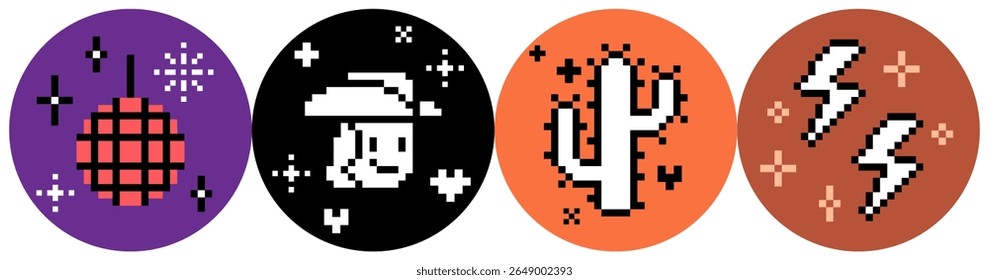 Disco cowgirls party round stickers collection. Y2k wild west party vector orange brown color design elements of sparkly mirror ball, cactus, cowboy icon. Retro 8 bit game style emoticon set