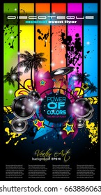 Disco Dance Art Design Poster with Abstract shapes and drops of colors behind the space for text. Modern Artistic flyer or party thai background.
