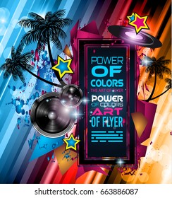 Disco Dance Art Design Poster with Abstract shapes and drops of colors behind the space for text. Modern Artistic flyer or party thai background.