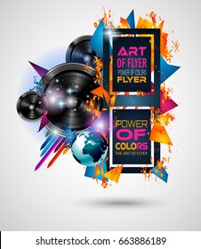 Cartel de diseño de arte Disco Dance con formas abstractas y caídas de colores detrás del espacio para el texto. Volante artístico moderno o fondo de fiesta tailandesa.