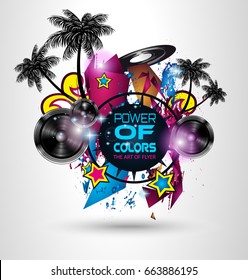 Disco Dance Art Design Poster with Abstract shapes and drops of colors behind the space for text. Modern Artistic flyer or party thai background.