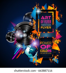 Disco Dance Art Design Poster with Abstract shapes and drops of colors behind the space for text. Modern Artistic flyer or party thai background.