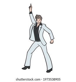 disco dancer with flared pants and arms in the air. comic, outline.