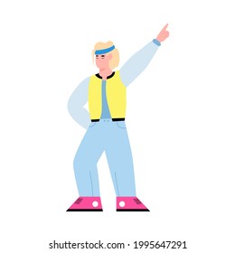Disco dancer man in dance pose wearing colorful 80s retro clothes. Cartoon person dancing while pointing a finger isolated on white background, vector illustration