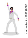 Disco dancer vector illustration. Flat design. Man character in white suit and sunglasses in classic disco pose with raised hand. For celebrating, party concepts, dancing club ad. On white background.