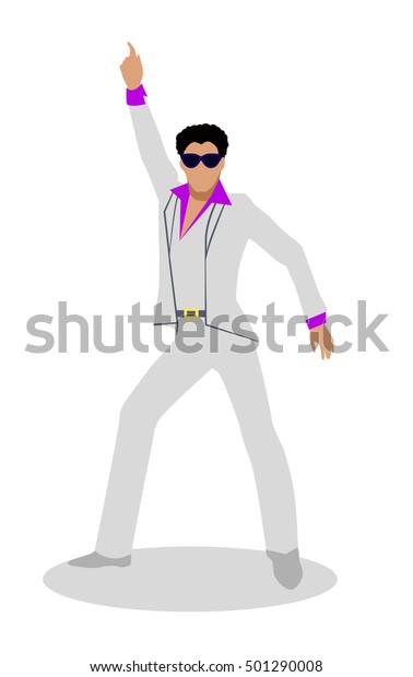 ディスコのダンサーのベクターイラスト フラットデザイン 白いスーツを着た男性キャラクターとクラシックディスコポーズのサングラス 手を上げた 祝い パーティーのコンセプト ダンスクラブの広告 白い背景に のベクター画像素材 ロイヤリティフリー