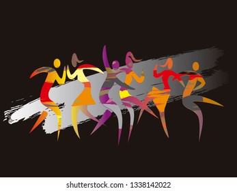 Disco dancers, dance party.
Colorful expressive illustration of disco dancers on black background. Vector available.