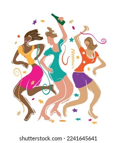 Disco dancers, three girls, New Year celebration.
Expressive colorful illustration of lively dancing young women on white background. Vector available.