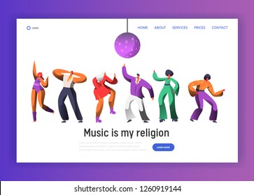 Disco Dancing Characters Landing Page Template. Dance Night Party Festival for Website or Web Page. Nightlife Club Dancer Banner. Flat Cartoon Vector Illustration