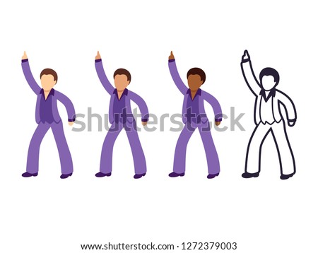 Disco dancing man emoji set with different skin tone color and black and white line icon. Isolated vector illustration collection.