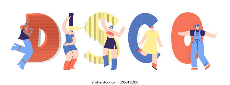 Disco Dancing Multi Ethnic People Flat Colorful Text Poster Template Vector Design Cartoon Pretty Happy Woman Sensually Moving around Letters Festival Disco Dance Party Nightlife Banner Illustration