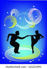 disco dancing  on the blue background ,silhouette of people dancing.
