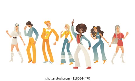 Disco dancing people vector illustration set with various men and women with retro clothes and hairstyles in cartoon gradient style isolated on white background. Dancers in 70s fashion style.