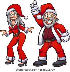 Disco dancing Santa and Mrs. Santa clip art. Vector illustration with simple gradients. Each on a separate layer. 
